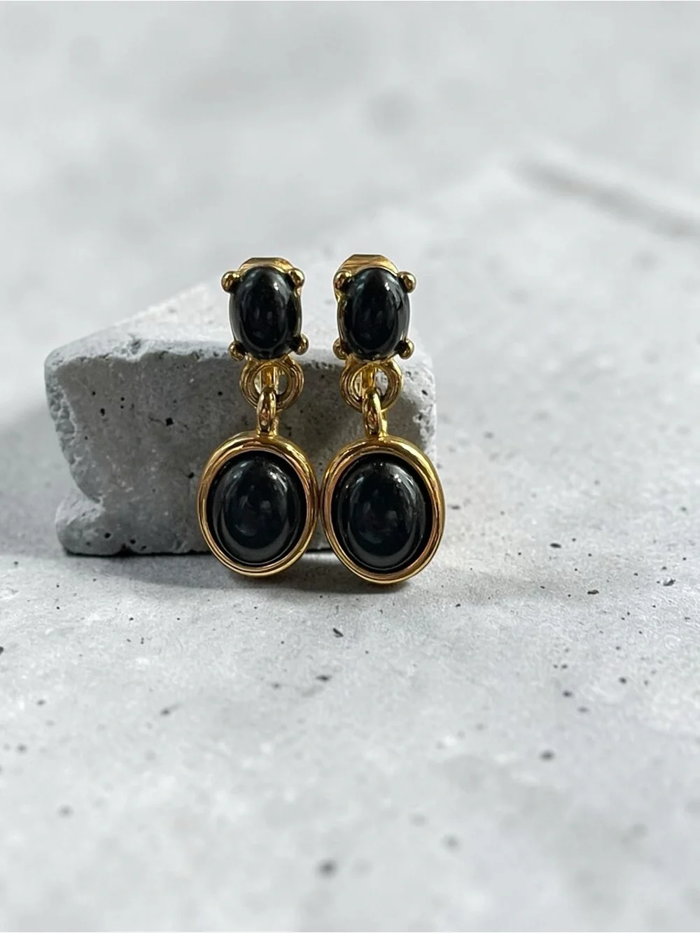 Black Cabochon Gold Tone Double Drop Clip-On Earrings